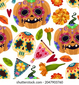 Mexican holiday. Die de los muertos. The day of the Dead. Vector illustration, festival, handmade, light background, seamless pattern