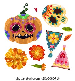 Mexican holiday. Die de los muertos. The day of the Dead. Vector illustration, festival, handmade, print on t-shirt, banner and card