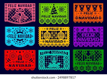 Mexican holiday Feliz Navidad paper cut or papel picado flags, vector banners. Christmas tree, snowflakes and holly with candle and gift in paper cut for Mexican Feliz Navidad holiday decorations