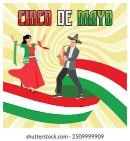 Mexikanischer Urlaub mit Tänzerinnen und Mariachi-Musikern. Latino-Mann, der Trompete spielt. Cinco de Mayo Konzept. Flache Vektorgrafik.