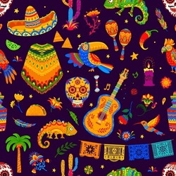 Mexican Holiday And Festival Objects Seamless Pattern. Vector Background With Cartoon Sombrero Hat, Maracas, Guitar And Hummingbird, Guitar, Toucan, Chameleon And Flowers In Ethnic Alebrije Style