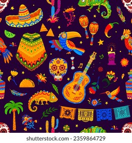 Mexican holiday and festival objects seamless pattern. Vector background with cartoon sombrero hat, maracas, guitar and hummingbird, guitar, toucan, chameleon and flowers in ethnic alebrije style