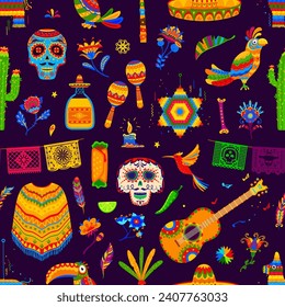 Mexican holiday and festival objects seamless pattern. Day of the Dead fabric ornate seamless print, Cinco de Mayo mexican textile pattern with skulls, birds, Tex Mex food and musical instruments