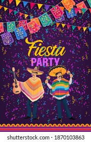 Mexican holiday fiesta party, Cinco de Mayo celebration, vector. Mexico traditional Cinco de Mayo holiday fiesta, men in sombrero and poncho with guitar and maracas, papel picado flags and confetti