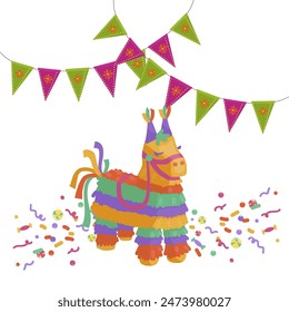 Mexican holiday flags for Cinco de Mayo and colorful piñata.Vector graphics.