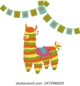 Mexican holiday flags for Cinco de Mayo and colorful piñata.Vector graphics.