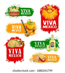 Fiesta de Viva México con íconos vectoriales de comida y bebida. Mariachi maracas, guitarra y pimienta de chile rojo, taco, nacho y quesadilla con diseño de emblemas aislados de guacamole