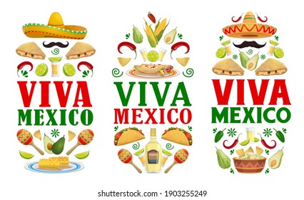 Mexican holiday food vector banners of Viva Mexico fiesta party. Sombrero hats, maracas, red chilli peppers and tequila, tacos, burritos, nachos and avocado guacamole, moustache, jalapeno and lime