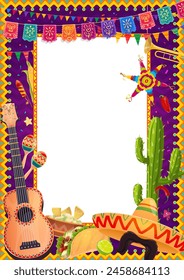 Mexikanischer Urlaubsrahmen mit Gitarre, Essen und Papel Picado Fahnen. Vektorgrafik vertikaler festlicher Randhintergrund mit Kopierraum, Cartoon Konfetti, Kaktus, Pinata und Maracas, Tex Mex Taco, Nachos oder Pfeffer