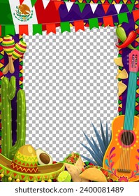 mexikanischer Ferienrahmen mit Sombrero, Gitarre, Maracas und Mexiko-Flagge, Vektorhintergrund. mexikanische Feiertagsfiesta mit Kaktus, Burrito und Taco, Avocado, Kalk und Blau mit Flaggen