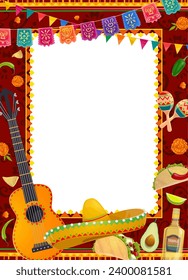 mexikanischer Ferienrahmen mit Sombrero, Gitarre und Maracas, Vektorhintergrund. mexikanische Fiesta von Cinco de Mayo Rahmen mit Papel-Picado-Fahnen, Tequila, Taco und Chilijalapeno Paprika und Blumen