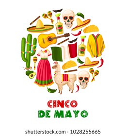 Mexican holiday greeting card for Cinco de Mayo fiesta party. Sombrero hat, chili pepper and jalapeno, maracas, cactus and tequila margarita, flag of Mexico and taco for festive poster design