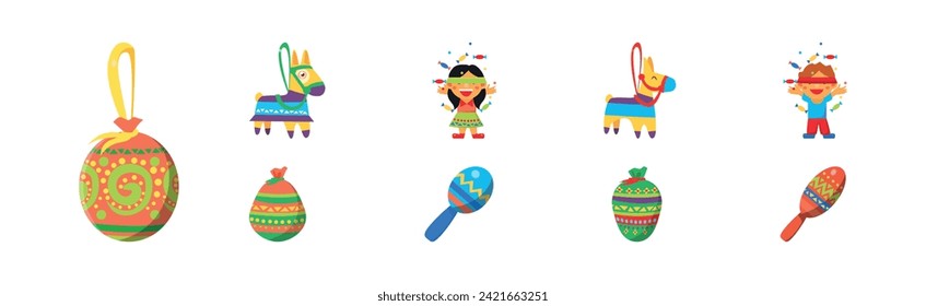 Mexican Holiday with Kids Hitting Pinata Toy Vector Set