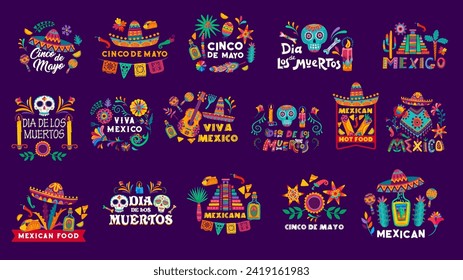 Mexican holiday labels. Vector Dia de los muertos, Cinco de Mayo, Viva mexico cartoon lettering with festive elements. Creative typography with traditional latin symbols for greeting cards and decor