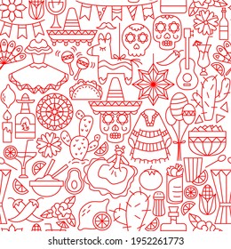 Mexican Holiday Line Seamless Pattern. Vector Illustration of Outline Background.