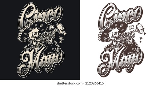 Mexican holiday monochrome vintage emblem with one-eyed dead musician in sombrero playing trumpet with falling musical symbols, vector illustration