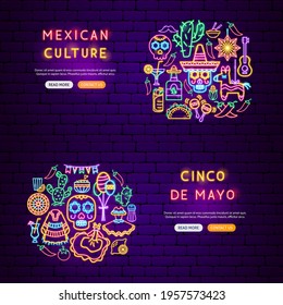 Mexican Holiday Neon Banners. Vector Illustration of Building Promotion.