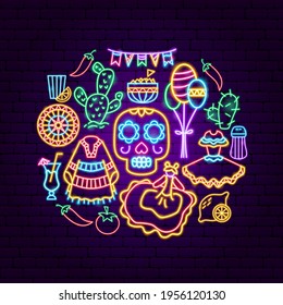 Mexican Holiday Neon Concept. Vector Illustration of Building Promotion.