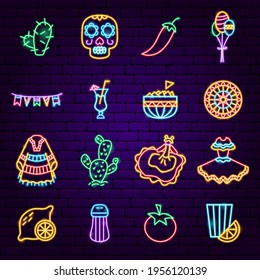 Mexican Holiday Neon Icons. Vector Illustration of Building Promotion.