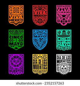 Mexican holiday papel picado paper cut flags and banners for fiesta, vector decorations. Viva Mexico, Cinco de Mayo and Dia de Los Muertos holidays ornaments in paper cut or papel picado flags