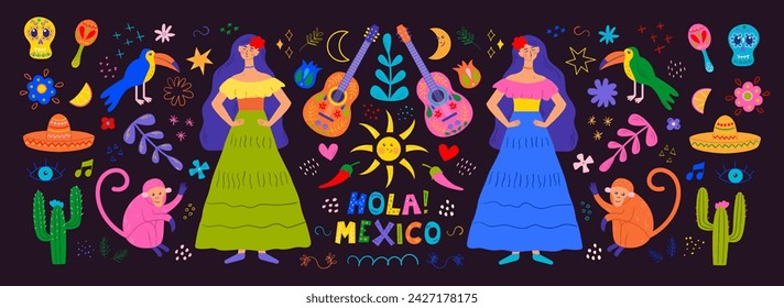 Mexican holiday, party. Cinco De Mayo. Vector illustration set with traditional symbols of cactus, skull, guitar, flowers and animals