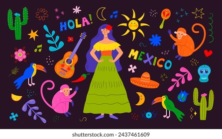 Mexican holiday, party. Cinco De Mayo. Vector illustration set with traditional symbols of cactus, skull, guitar, animals and flowers