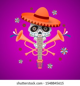 Mexican holiday party and Day of Dead fiesta celebration. Dia de los Muertos. Guitar in the shape of a human skull. Vector illustration.