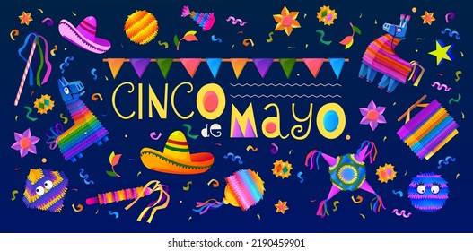 Mexican holiday pinata background. Cinco de mayo birthday mexico design with donkey and confetti, fiesta and carnival with candy and paper toys. Cartoon flat vector flyer poster