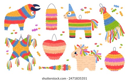 Mexican holiday pinatas. Color paper kids party decorations, colofrul animal, heart, ball shapes with confetti, birthday celebration, fiesta carnival, cartoon flat isolated vector set