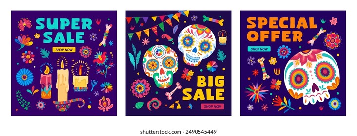 Mexican holiday sale banners, vector square promo cards for day of the dead shopping deals and special offers. Calavera sugar skulls, floral motifs, candles, and bones in traditional alebrije style