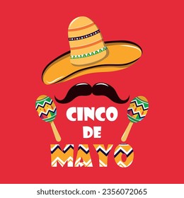 Mexican holiday. Sambrero, mustache, maracas. Vector stock illustration. Isolated. Cinco de mayo. Banner. Event. Poster.