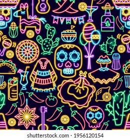 Mexican Holiday Seamless Neon Pattern. Vector Illustration of Industrial Promotion.