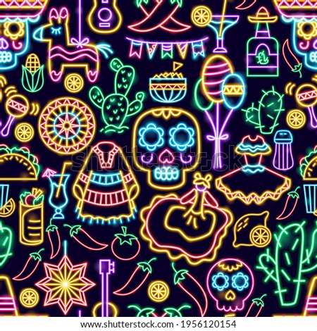 Mexican Holiday Seamless Neon Pattern. Vector Illustration of Industrial Promotion.