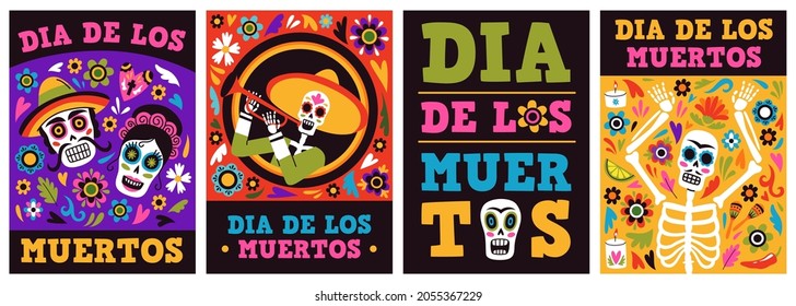 Mexican holiday set. Color dead day party invitation posters with funny skeletons and sugar skulls with traditional decor, ethnic latino festivity decor, vector cartoon isolated cards