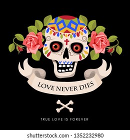 Mexican holiday. Skull and roses design. Day of the dead background. Skull symbol. Latin Gothic label