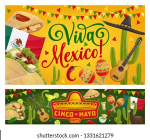 Mexican holiday sombrero, guitar and cactus vector design of Cinco de Mayo fiesta party greeting cards. Mexico flag, tequila margarita and chilli pepper, maracas, tacos, avocado guacamole and alpaca