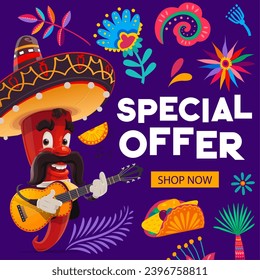 Mexican holiday special offer banner. Mexico fiesta sale vector flyer of cartoon chili pepper mariachi musician character with sombrero playing guitar, tropical flower and plant pattern, discount card