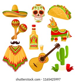 Mexican holiday symbols set, sombrero hat, sugar skull, taco, maracas, pinata, tequila bottle, poncho, acoustic guitar vector Illustrations on a white background