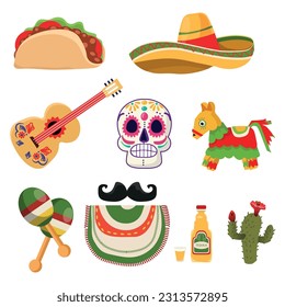 Mexican holiday symbols set, sombrero hat, sugar skull, taco, maracas, pinata, tequila bottle, poncho, acoustic guitar vector Illustrations on a white background.