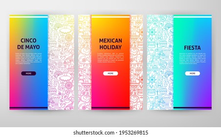 Mexican Holiday Web Design. Fifth of May Translate. Vector Illustration of Outline Posters.