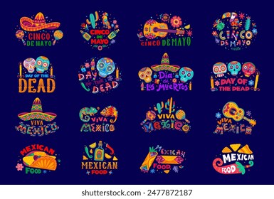 Mexican holidays lettering icons. Mexico fiesta vector typography font with cartoon Day of the Dead skulls, sombrero hats, guitars and maracas. Cinco de Mayo festival food, tequila, flowers and cactus