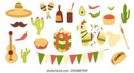 Mexican holidays set. Cinco de Mayo collection elements. Pinata, musical tools, traditional cuisine. Mexican festivals and traditions. Vector flat hand drawn illustration isolated on white background.