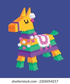 Mexican horse pinata. Graphic element for website. Hand craft, decorated with multicolored mascot. Papier mache and origami. Stylish candy bag, tradition. Cartoon isometric vector illustration