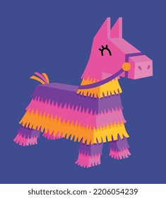 Mexican horse pinata. Pink animal with paper clothes and sweets inside. Latin American culture and traditions. Graphic element for website, poster or banner. Cartoon isometric vector illustration