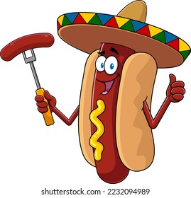 Mexican Hot Dog Cartoon Character Holding A Sausage On A Fork. Vector Hand Drawn Illustration Isolated On Transparent Background