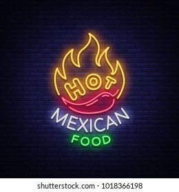 Mexican hot food logo in neon style. Neon sign, design template for Mexican restaurant, cafe, bar. Bright glowing banner, nightlife advertisement, neon billboard. Vector illustration