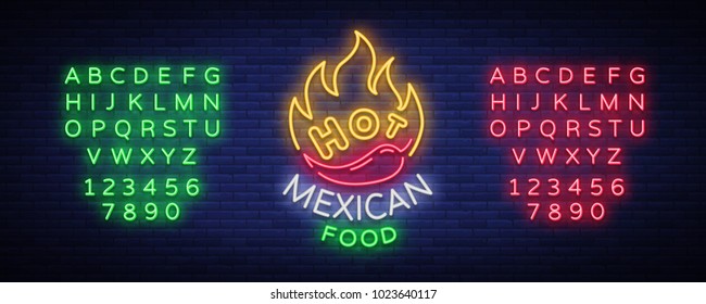 Mexican hot food logo in neon style. Neon sign, design template for Mexican restaurant, cafe, bar. Bright glowing banner, advertisement, neon billboard. Vector illustration. Editing text neon sign