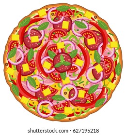 Mexican hot pizza vector illustration isolated on white background. Spicy pizza with pepperoni, ham, chili pepper, tomato, paprika and onion. 