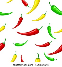 Mexican hot red, green and yellow peppers. Seamless ornament, pattern, background and template. Vector square orientation white background. For wrapping paper, background, texture
