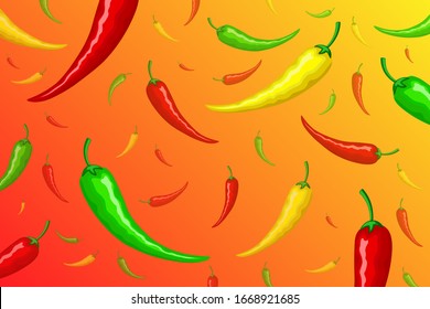 Mexican hot red, green and yellow peppers. Ornament, pattern, background and template. Vector horizontal orientation on gradient background. For wrapping paper, background, texture